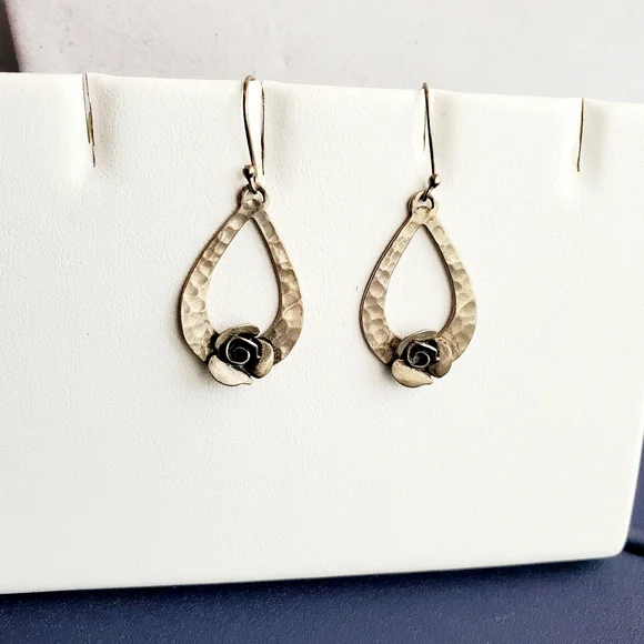 RL Israel Matte Sterling Hammered Teardrop Earrings with Roses - Picture 2 of 8